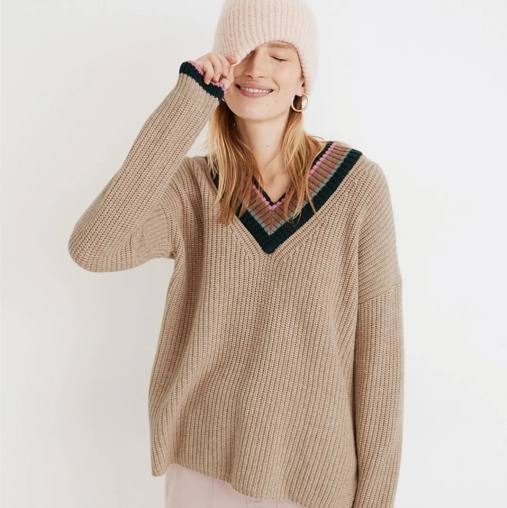 Madewell Tipped Forrest V-Neck Wool-Blend Tan Sweater